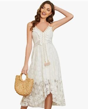 LWD White Boho Lace Midi Dress Tassel Trim Pom Pom Tie Sexy High Low Hem Large